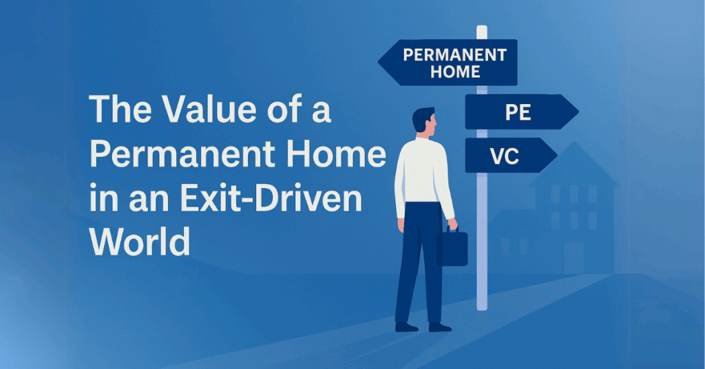Illustration of a business professional standing at a directional signpost with arrows pointing to 'Permanent Home,' 'PE,' and 'VC,' symbolizing the choice between long-term stability and traditional exit strategies in the software acquisition