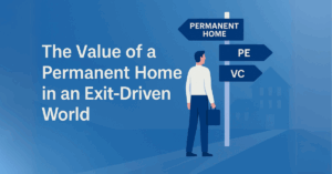 Illustration of a business professional standing at a directional signpost with arrows pointing to 'Permanent Home,' 'PE,' and 'VC,' symbolizing the choice between long-term stability and traditional exit strategies in the software acquisition